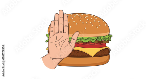 A hand with palm facing forward blocks a large hamburger, symbolizing refusal of unhealthy fast food on white.