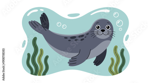 A cartoon seal swimming underwater surrounded by seaweed and bubbles in a light blue ocean