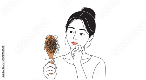 A thoughtful woman examines a hairbrush full of tangled hair, contemplating the issue of hair loss on white.