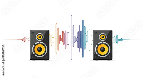 Two black audio speakers with bright yellow cones are separated by a vibrant, colorful audio waveform across the frame.