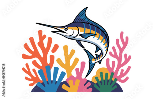 A colorful illustration of a marlin fish swimming near vibrant coral reef.