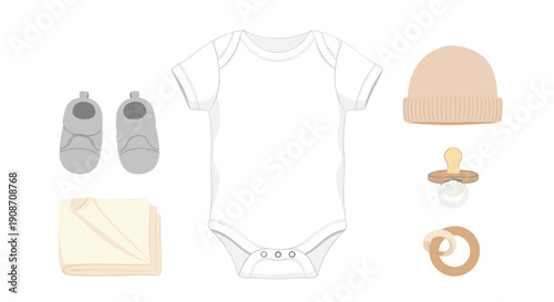 A collection of essential baby items including a white onesie, grey booties, beige blanket, hat, pacifier, and wooden teether.