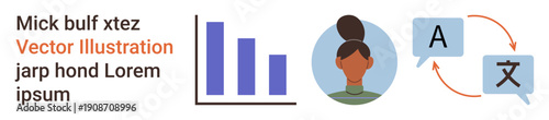 Language services, data analytics, global business, online communication, education, technology. Bar chart, avatar speech bubbles with translation arrows. Language services and data analytics