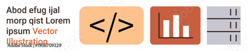Software development, data analysis, server management, coding education, technology processes, database management. coding brackets, bar chart and server stacks. Software development and data