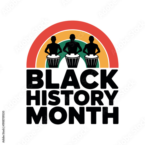 A colorful logo celebrating Black History Month with silhouettes of people playing drums