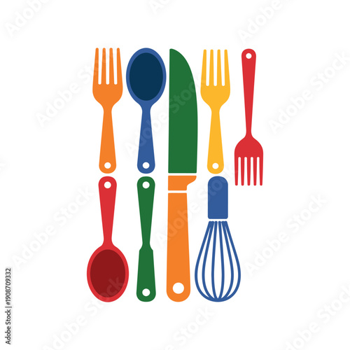A colorful illustration of various kitchen utensils arranged neatly on a white background