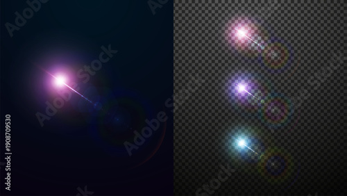 Set of colorful Lens flares. Lens flare a blue, pink and purple colors. Transparent sunlight special lens flare light effect.