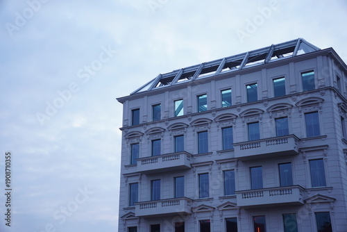 White Neoclassical Building Modern Rooftop Addition Wroclaw Poland