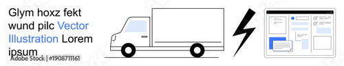 Logistics, transportation, software solutions, e-commerce, connectivity, innovation. A delivery truck alongside a lightning bolt and a software interface image. Logistics and transportation