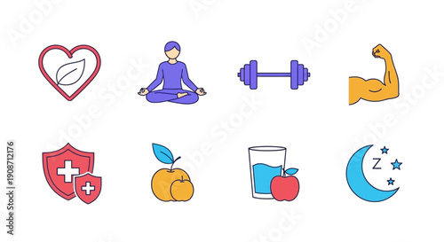 Collection of health and wellness icons representing a balanced lifestyle.