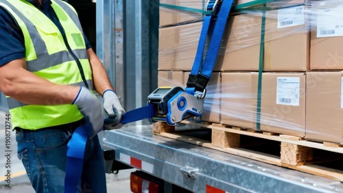 Medium shot of a worker adjusting selftightening cargo straps on a delivery truck showcasing modern load securement technology in action.