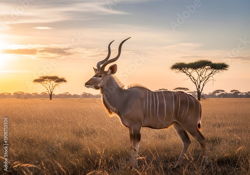 A majestic kudu stands proudly in the African savanna, bathed in the warm glow of the setting sun. The kudu's impressive spiral horns and striped coat make it a striking sight