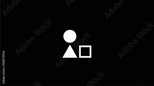 Minimalist white geometric shapes: circle, solid triangle, and outline square on a dark black background, abstract design.