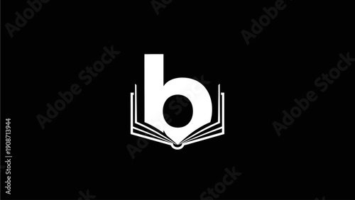 Minimalist black and white typographic logo concept combining a lowercase 'b' with an open book symbol, representing education, reading, and learning.