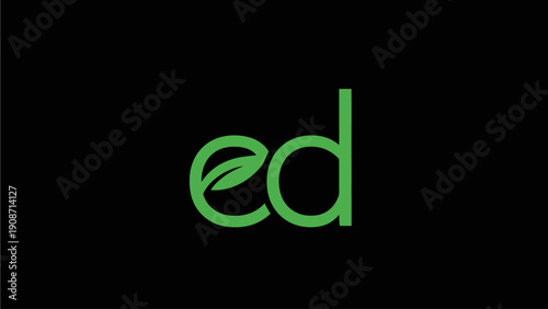 Minimalist green lowercase 'ed' letters with a leaf integrated into the 'e', symbolizing ecology, nature, and organic concepts on a black background.