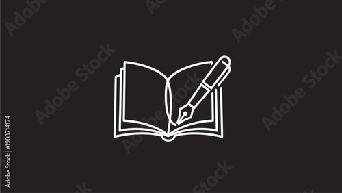 Vector icon of an open book with a fountain pen, symbolizing writing, education, knowledge, and creativity on a dark background