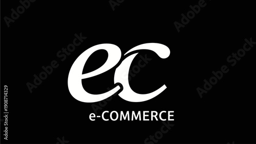 Abstract graphic design featuring stylized 'ec' letters and 'e-COMMERCE' text on a dark background for digital business concept