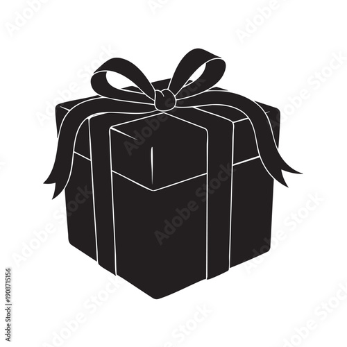A black and white image of a gift box with a ribbon