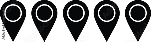 A row of five black map pins with circular markers aligned horizontally in a navigation or mapping context