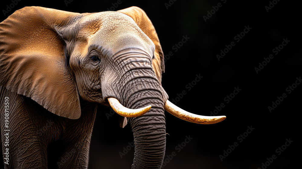 Obraz premium African elephant close up showing textured skin, large ear, trunk, and impressive tusks, symbolizing wildlife conservation, endangered species, and World Wildlife Day