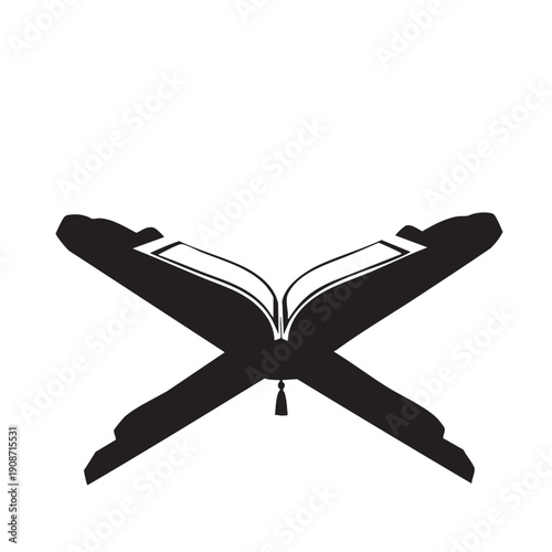 A black and white image of an open book on a stand