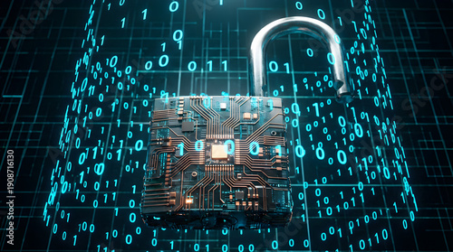 Futuristic Digital Padlock and Cyber Security Concept with Binary Data Streams