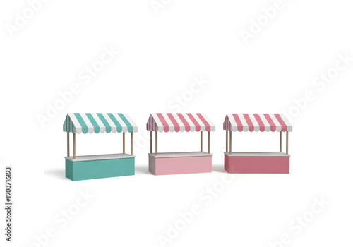 Set of three colorful market stalls with striped awnings in turquoise and pink isolated on white background png