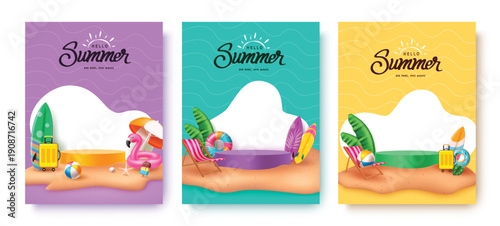 Hello summer greeting text with summer, Tropical and travel vector elements in island background, Hello summer text with Podium and summer elements, Vector illustration.

