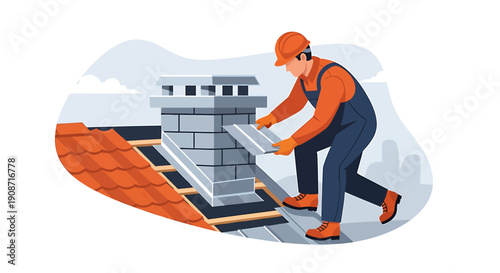 Construction worker building a brick chimney on a rooftop.