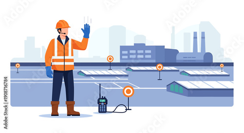 Construction worker in safety vest and hard hat directing traffic.