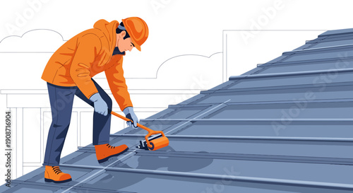 Construction worker repairing a metal roof with tools.