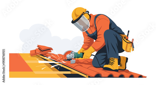 Construction worker using angle grinder on rooftop renovation project.