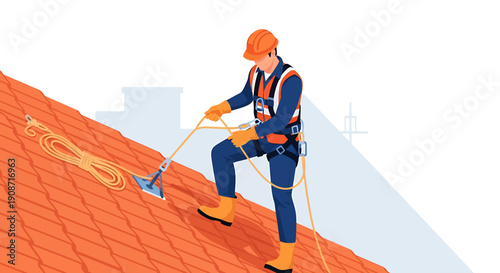 Construction worker wearing safety harness on a sloped roof.