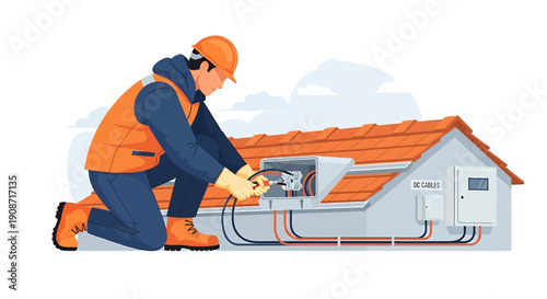 Electrician working on house electrical panel installation.