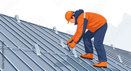 Roofer Installing Solar Panels on Metal Roof.