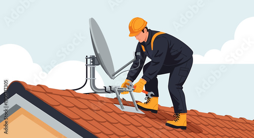 Technician installing satellite dish on rooftop for communication services.