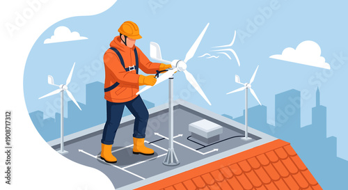 Technician working on wind turbine installation on rooftop.