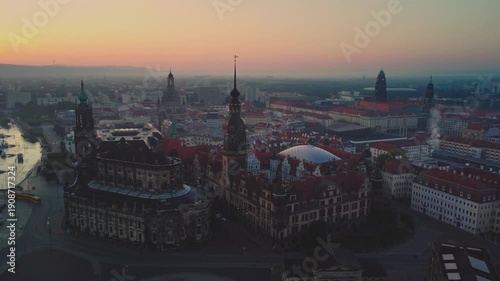 Aerial view of Dresden's Old Town at dawn, circling the Dresden Royal Palace