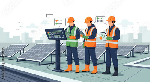 Three technicians in hard hats and vests inspect solar panels on a rooftop.