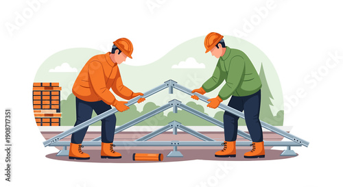 Two construction workers assembling a metal roof frame structure on a building site.
