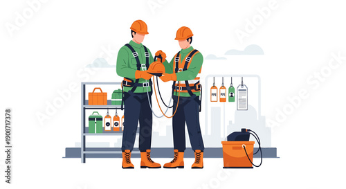 Two construction workers in safety gear discussing equipment.