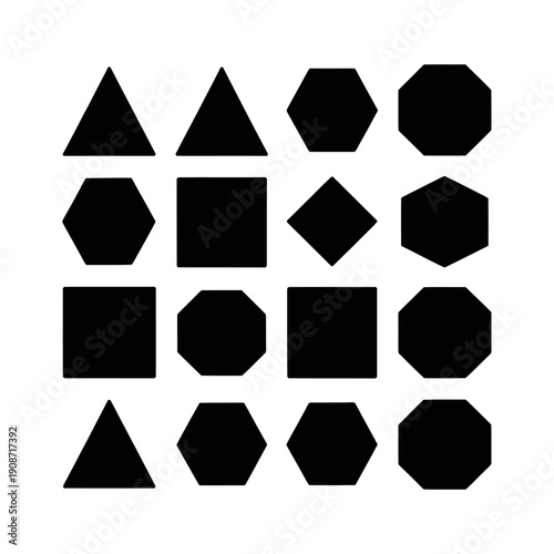 A collection of various black geometric shapes on a white background