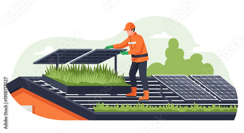 Worker installing solar panels on a rooftop with greenery.