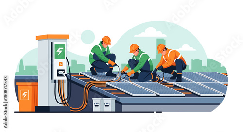 Workers installing solar panels on a rooftop near an electric car charging station.