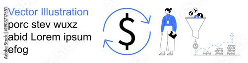 Business strategy, data processing, revenue management, analytics, sales funnel, financial growth. Funnel filtering users into money, woman holding clipboard dollar icon. Business strategy