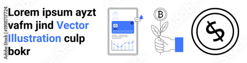 Financial technology, cryptocurrency, investment analysis, digital growth, blockchain, modern economy. A tablet with financial graphs, a hand holding a Bitcoin and a dollar icon. Financial