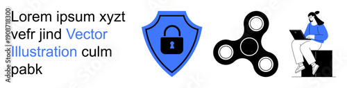 Data security, work-life balance, focus tools, digital workspaces, multitasking, technology. Blue shield with lock, spinner and a woman typing on a laptop. Data security and work-life balance