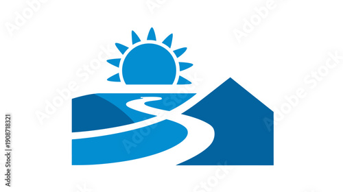 Blue abstract graphic logo depicting sun, rolling hills, winding path, and a house icon, symbolizing growth and home journey.
