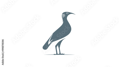 Stylized long-beaked bird illustration in grey, standing, minimalist vector graphic design element on white background.