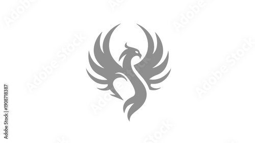 Elegant Grey Phoenix Bird Rising with Wings Spread, Majestic Mythical Creature Abstract Emblem Logo Concept on White Background